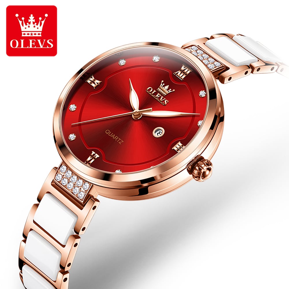 Picture of Olevs 5589 RoseGold Stainless Steel Ceramics Watchstrap Analoge Wrist Watch For Women Red & RoseGold "