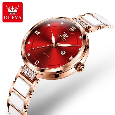 Picture of Olevs 5589 RoseGold Stainless Steel Ceramics Watchstrap Analoge Wrist Watch For Women Red & RoseGold "