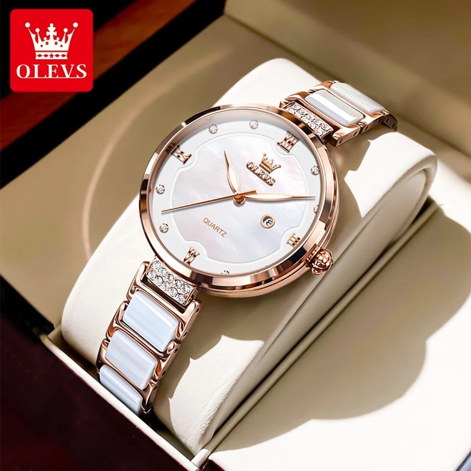 Picture of Olevs 5589 RoseGold Stainless Steel Ceramics Watchstrap Analoge Wrist Watch For Women Red & RoseGold "