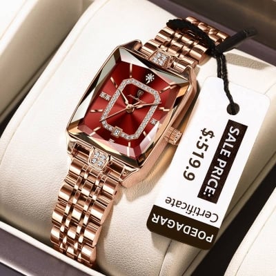 Picture of POEDAGAR 785 Luxury Elegant Watch For Woman Date Waterproof Rectangle Ladies Watch Stainless Steel Quartz Women Watches Female Reloj-Gold Red