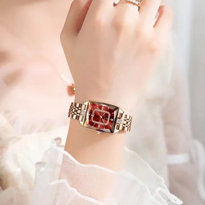 Picture of POEDAGAR 785 Luxury Elegant Watch For Woman Date Waterproof Rectangle Ladies Watch Stainless Steel Quartz Women Watches Female Reloj-Gold Red