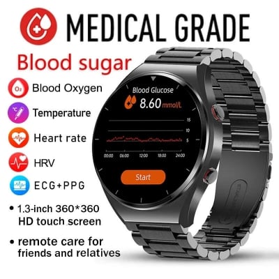 Picture of 2026 New Noninvasive Blood Gloucose ECG+PPG Smart Watch Men Heart Rate Blood Oxygen Health Smartwatch IP67 Waterproof Sport Watch-Black