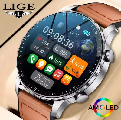 Picture of LIGE BW0664bNew Magnetic Leather Strap Smartwatch Men Health Monitor Man Watches Bluetooth Calling Sports Smart Watch For Huawei Xiaomi-Silver Brown