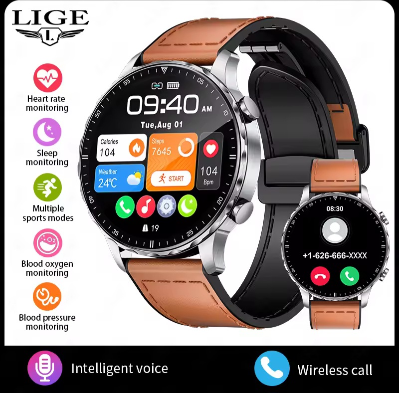 Picture of LIGE BW0664bNew Magnetic Leather Strap Smartwatch Men Health Monitor Man Watches Bluetooth Calling Sports Smart Watch For Huawei Xiaomi-Silver Brown