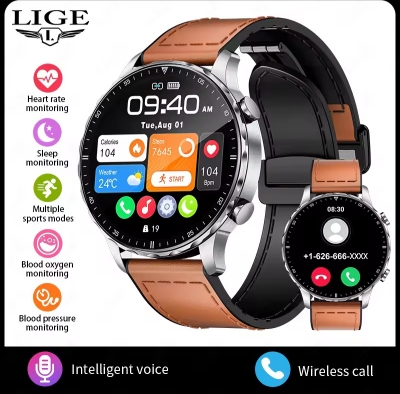 Picture of LIGE BW0664bNew Magnetic Leather Strap Smartwatch Men Health Monitor Man Watches Bluetooth Calling Sports Smart Watch For Huawei Xiaomi-Silver Brown