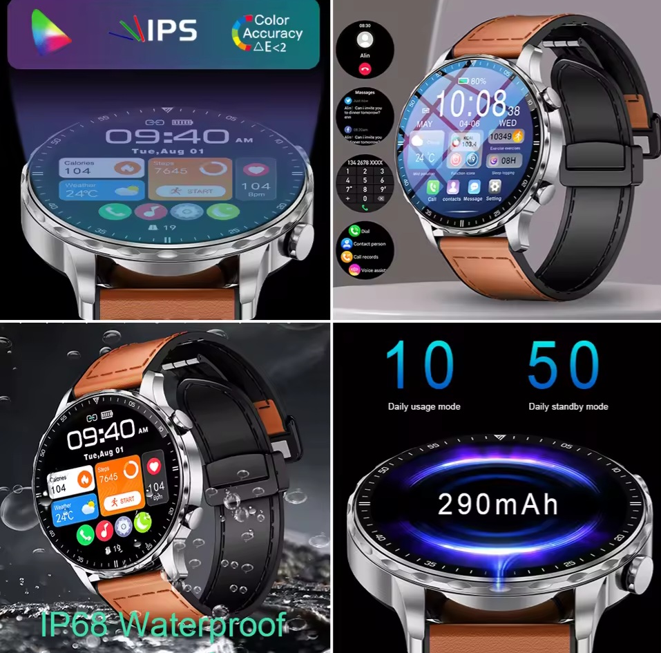 Picture of LIGE BW0664bNew Magnetic Leather Strap Smartwatch Men Health Monitor Man Watches Bluetooth Calling Sports Smart Watch For Huawei Xiaomi-Silver Brown