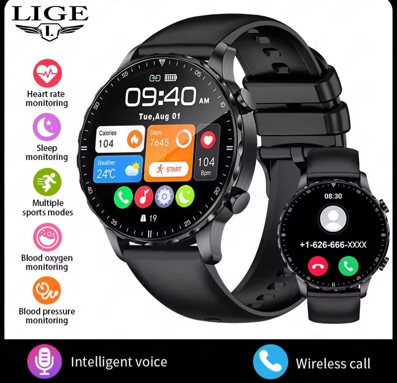 Picture of LIGE BW066 New Magnetic Leather Strap Smartwatch Men Health Monitor Man Watches Bluetooth Calling Sports Smart Watch For Huawei Xiaomi-Silver Brown