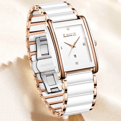 Picture of LIGE-89156 ceramics strap  Unisex  Watch Waterproof Fashion Creative Square Luxury  Watch-White