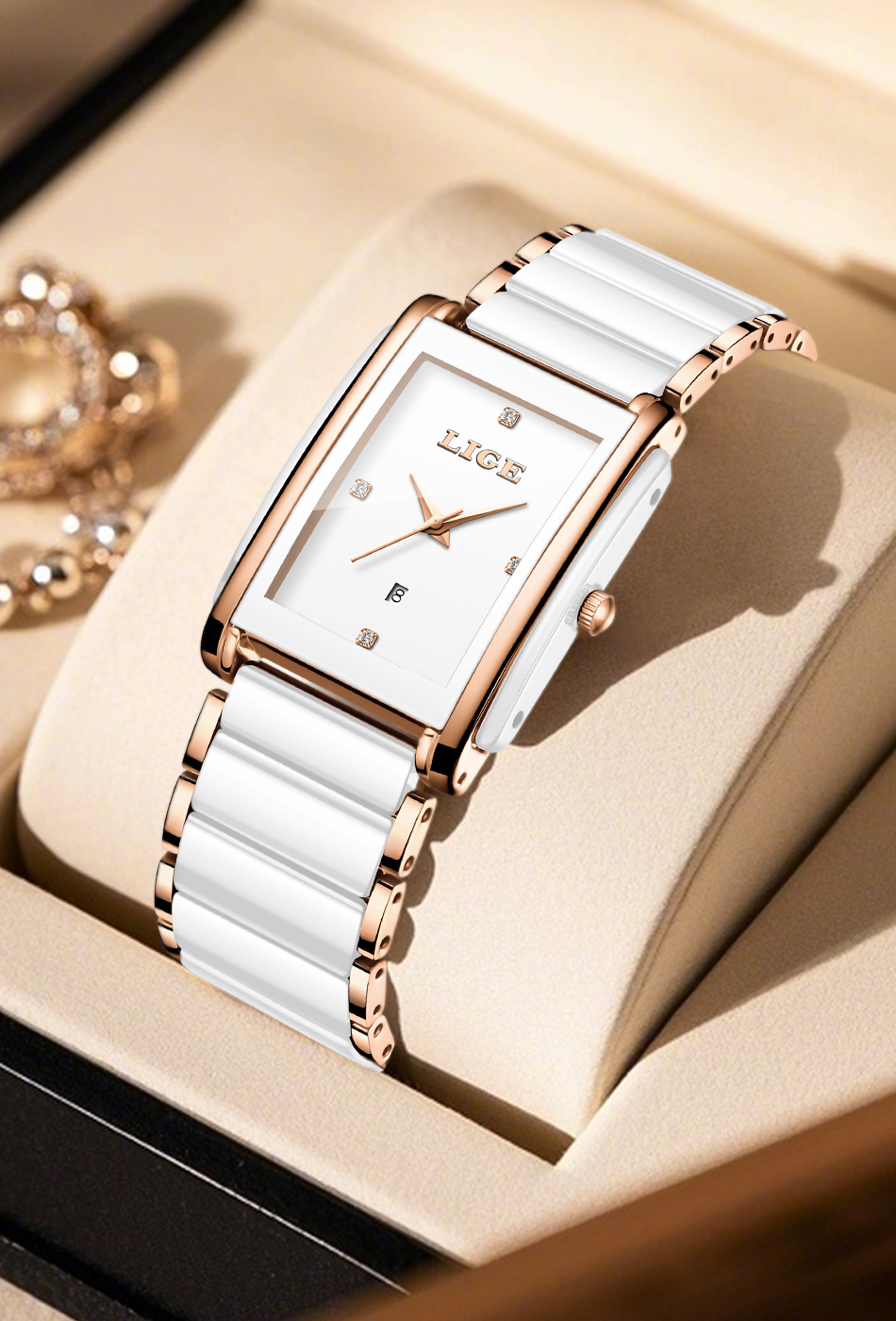 Picture of LIGE-89156 ceramics strap  Unisex  Watch Waterproof Fashion Creative Square Luxury  Watch-White