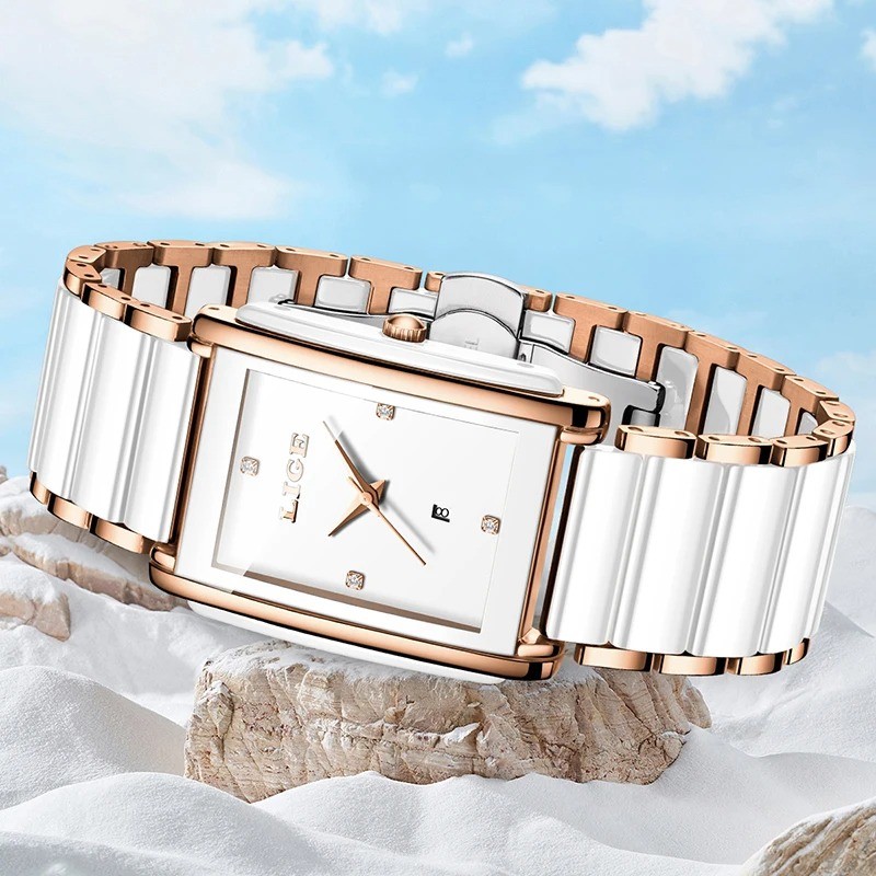 Picture of LIGE-89156 ceramics strap  Unisex  Watch Waterproof Fashion Creative Square Luxury  Watch-White