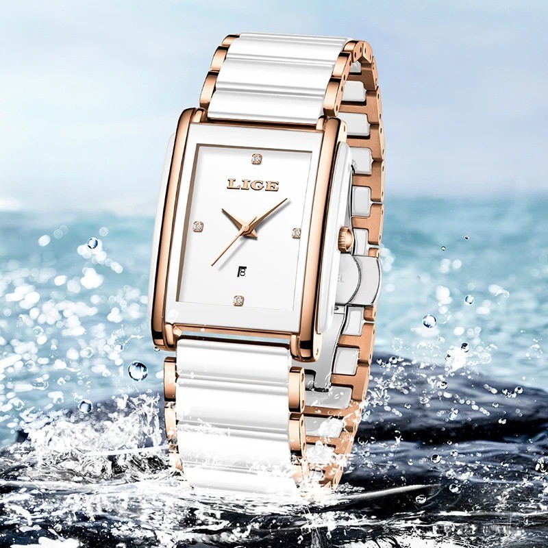 Picture of LIGE-89156 ceramics strap  Unisex  Watch Waterproof Fashion Creative Square Luxury  Watch-White