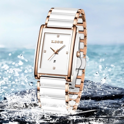 Picture of LIGE-89156 ceramics strap  Unisex  Watch Waterproof Fashion Creative Square Luxury  Watch-White