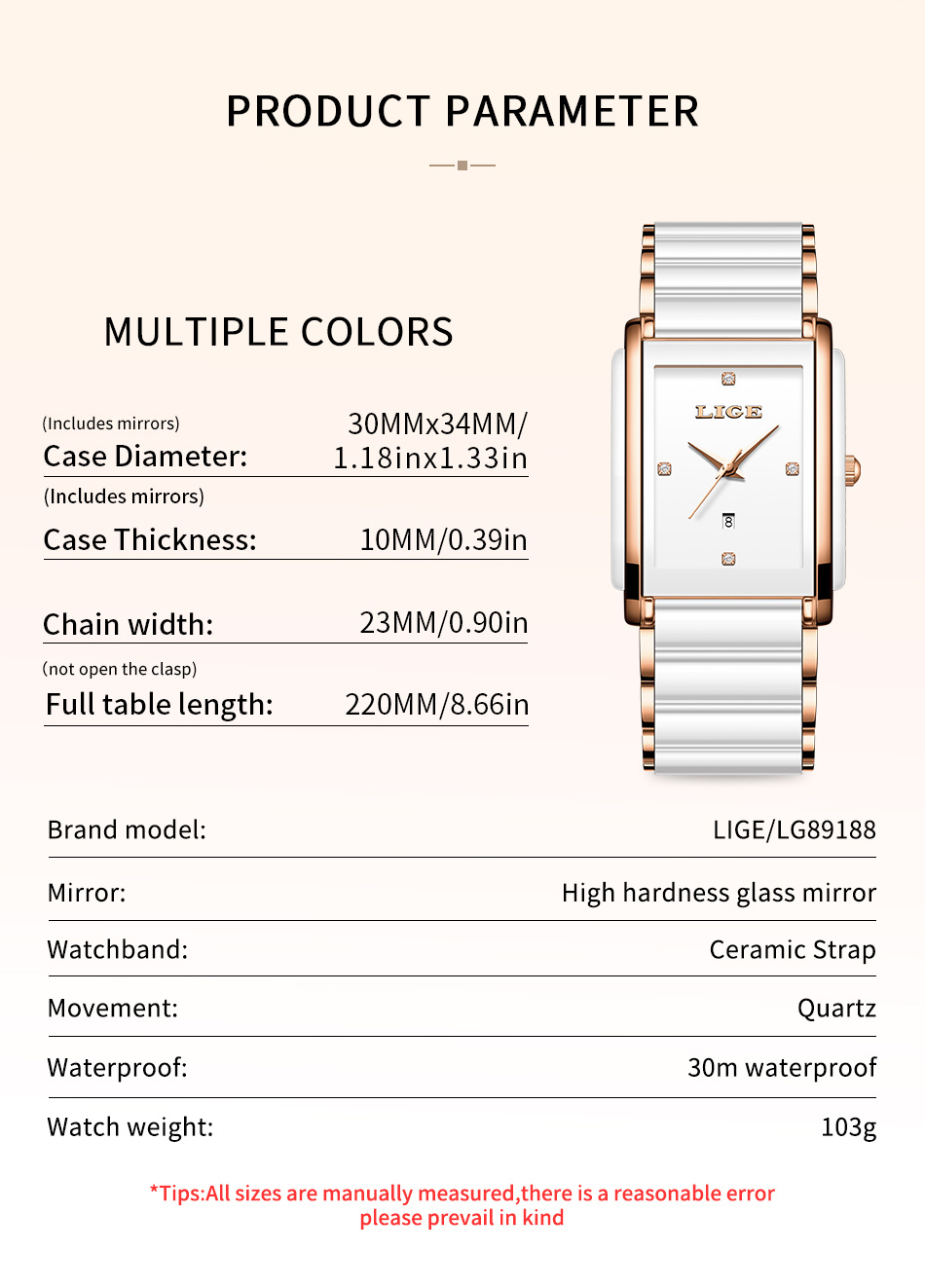 Picture of LIGE-89156 ceramics strap  Unisex  Watch Waterproof Fashion Creative Square Luxury  Watch-White