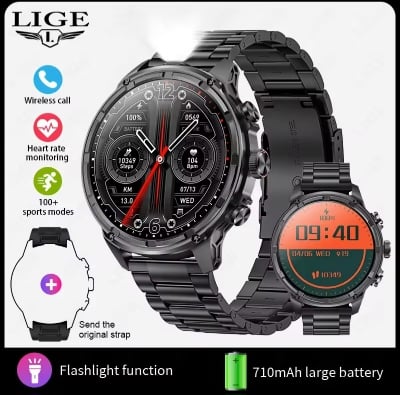 Picture of LIGE 2025  BWV99 Smart watch men 710mAh Battery sports Fitness Man Watch Bluetooth Call Blood Oxygen Monitor Smartwatch For Android ios With extra Silicon strap-Black