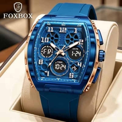 Picture of FOXBOX FB0096 new dual display men's watch silicone military watch luminous waterproof business casual quartz watches for men reloj+BOX-Blue