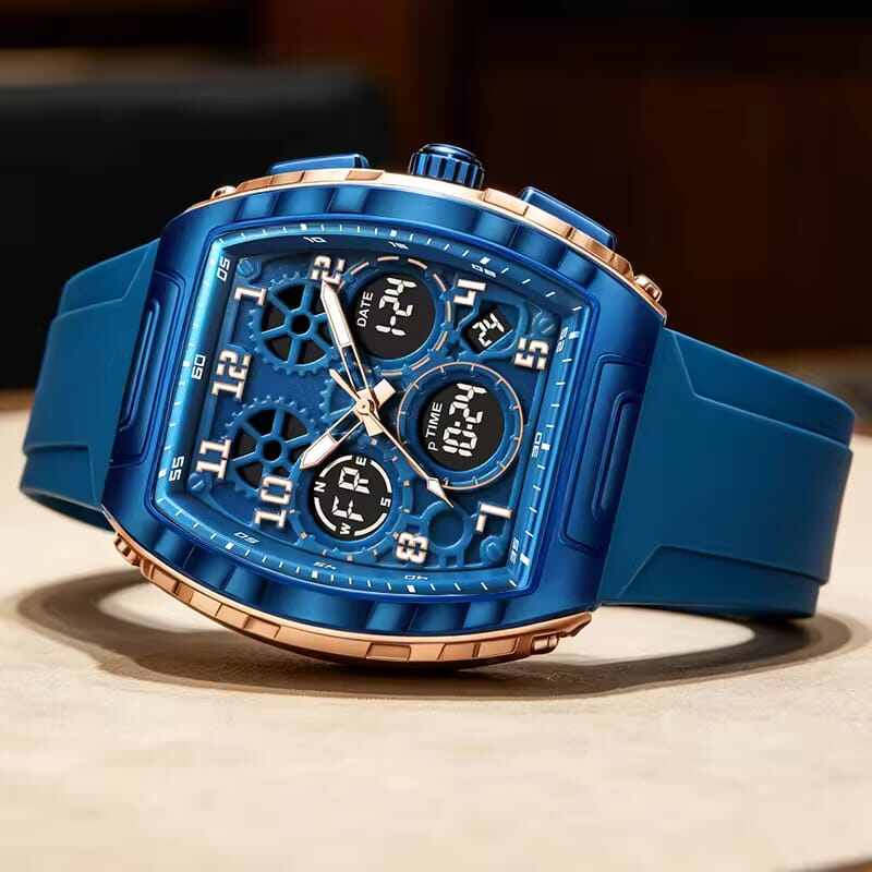 Picture of FOXBOX FB0096 new dual display men's watch silicone military watch luminous waterproof business casual quartz watches for men reloj+BOX-Blue
