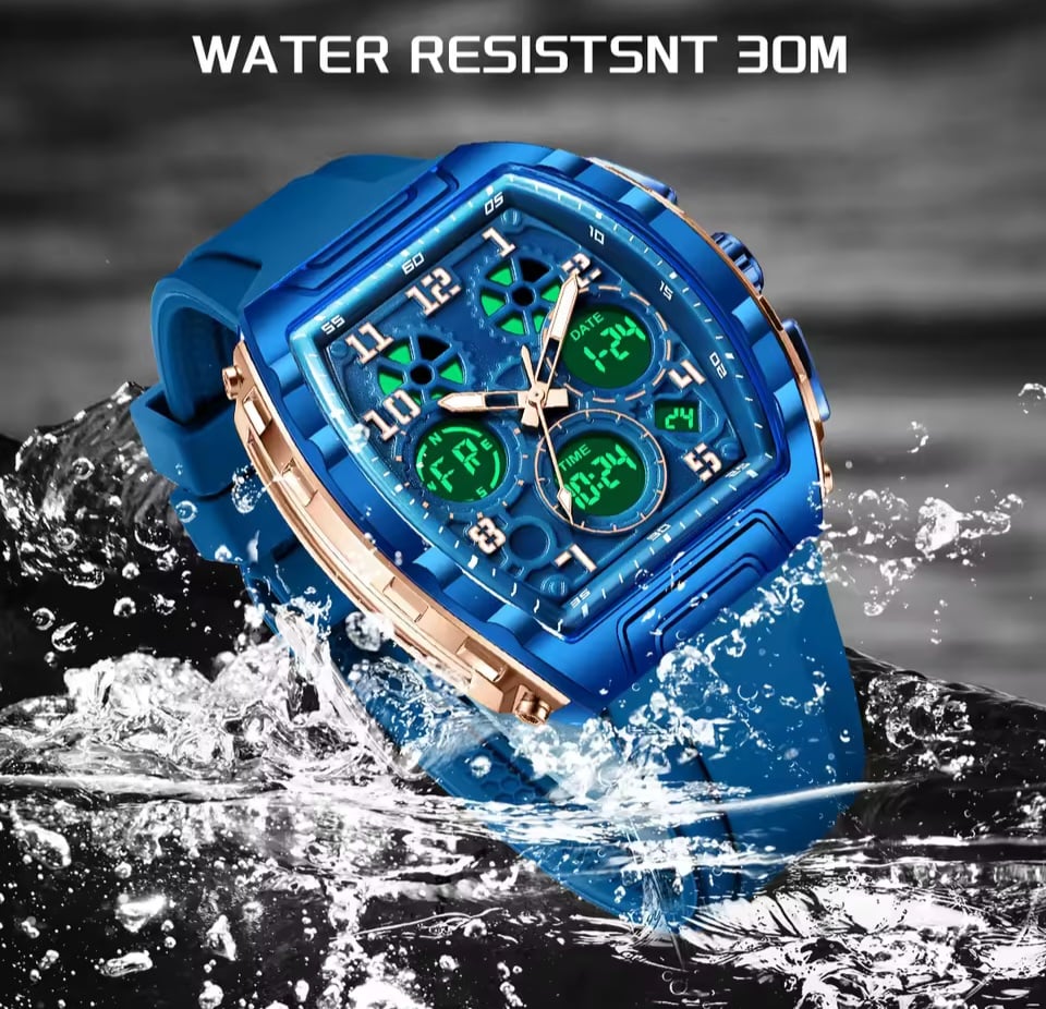 Picture of FOXBOX FB0096 new dual display men's watch silicone military watch luminous waterproof business casual quartz watches for men reloj+BOX-Blue