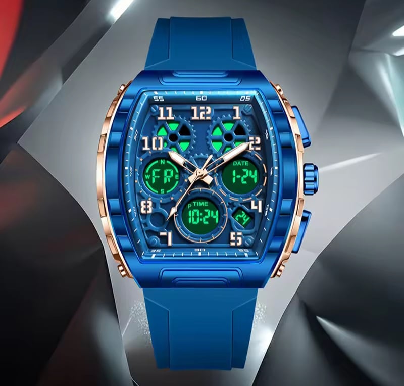 Picture of FOXBOX FB0096 new dual display men's watch silicone military watch luminous waterproof business casual quartz watches for men reloj+BOX-Blue