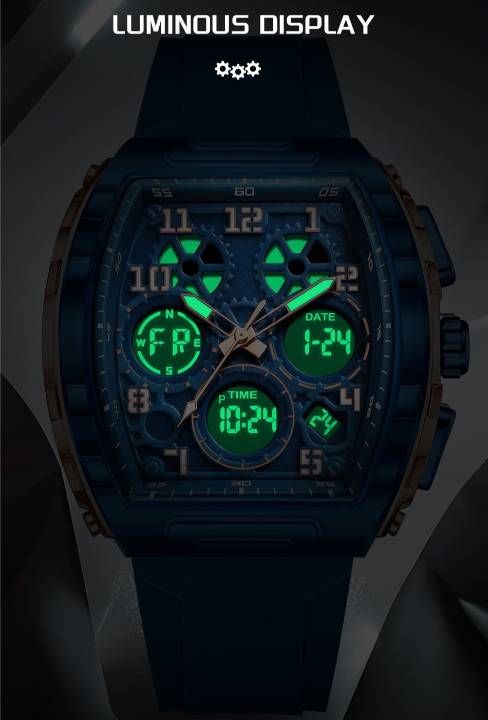 Picture of FOXBOX FB0096 new dual display men's watch silicone military watch luminous waterproof business casual quartz watches for men reloj+BOX-Blue