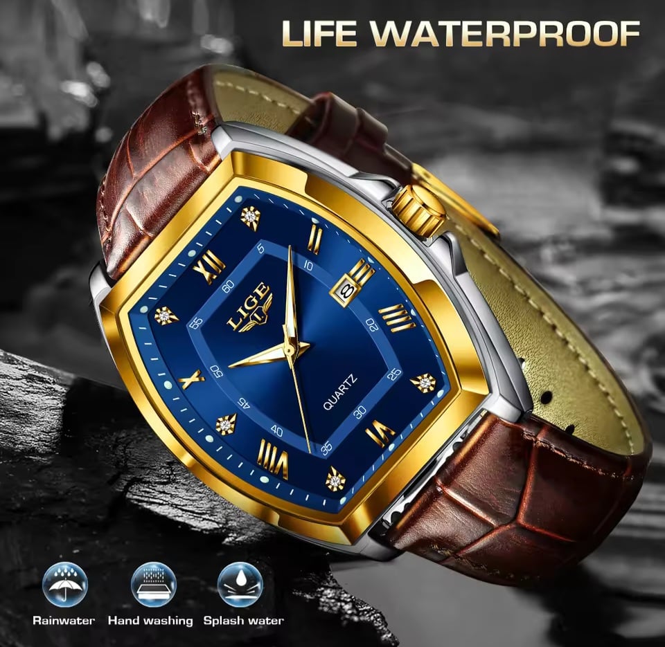 Picture of LIGE 89154 Men's Watches Luxury Original Top Brand Quartz Watch for Men Leather Waterproof Luminous Diamond Dial Date Male Wristwatch-Blue