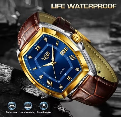 Picture of LIGE 89154 Men's Watches Luxury Original Top Brand Quartz Watch for Men Leather Waterproof Luminous Diamond Dial Date Male Wristwatch-Blue