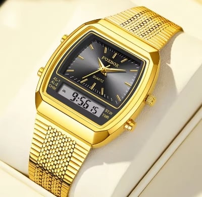 Picture of FOXBOX 0097 LED Dual Display Men Watches For Male Clock Golden Wrist Watches Quartz Fashion Brand Luxury Sports Digital Watches-Gold Black