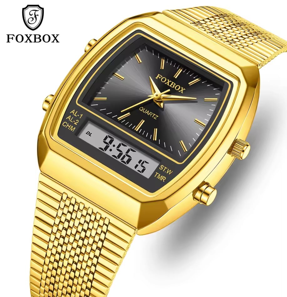 Picture of FOXBOX 0097 LED Dual Display Men Watches For Male Clock Golden Wrist Watches Quartz Fashion Brand Luxury Sports Digital Watches-Gold Black
