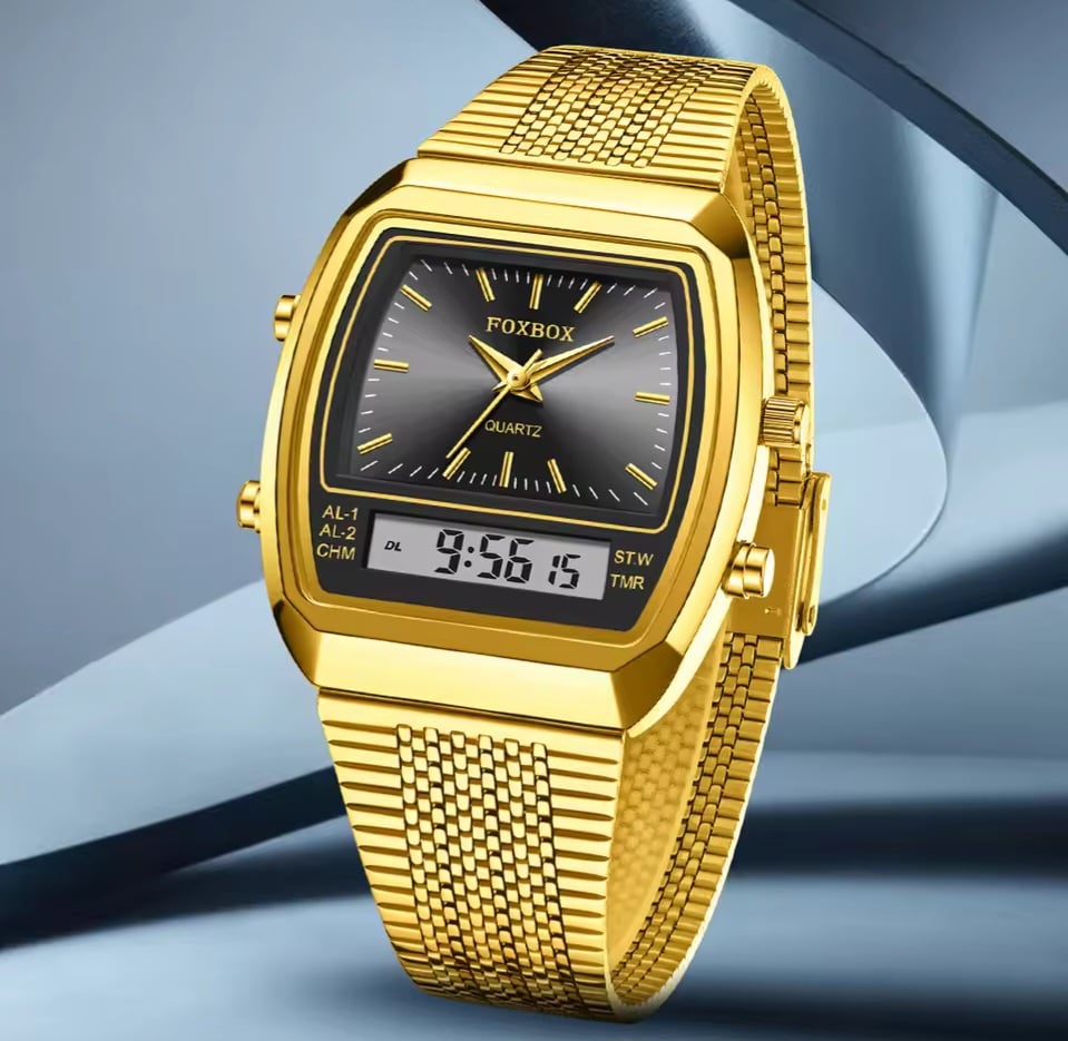 Picture of FOXBOX 0097 LED Dual Display Men Watches For Male Clock Golden Wrist Watches Quartz Fashion Brand Luxury Sports Digital Watches-Gold Black