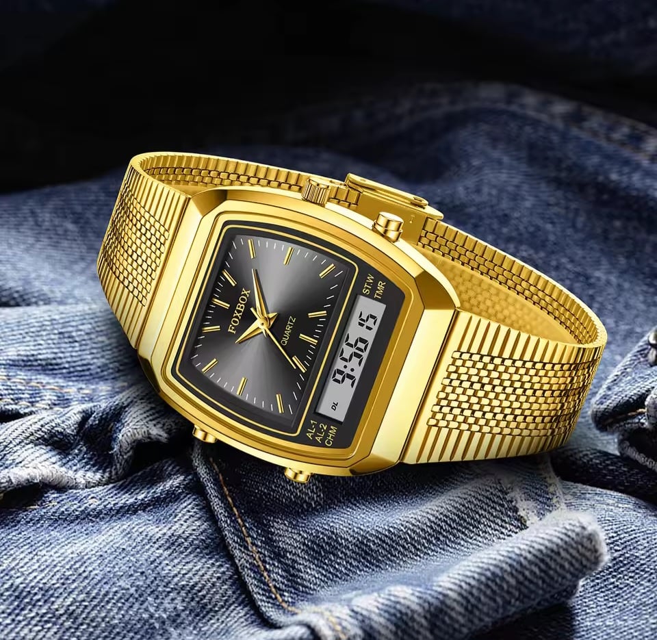 Picture of FOXBOX 0097 LED Dual Display Men Watches For Male Clock Golden Wrist Watches Quartz Fashion Brand Luxury Sports Digital Watches-Gold Black