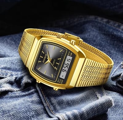 Picture of FOXBOX 0097 LED Dual Display Men Watches For Male Clock Golden Wrist Watches Quartz Fashion Brand Luxury Sports Digital Watches-Gold Black