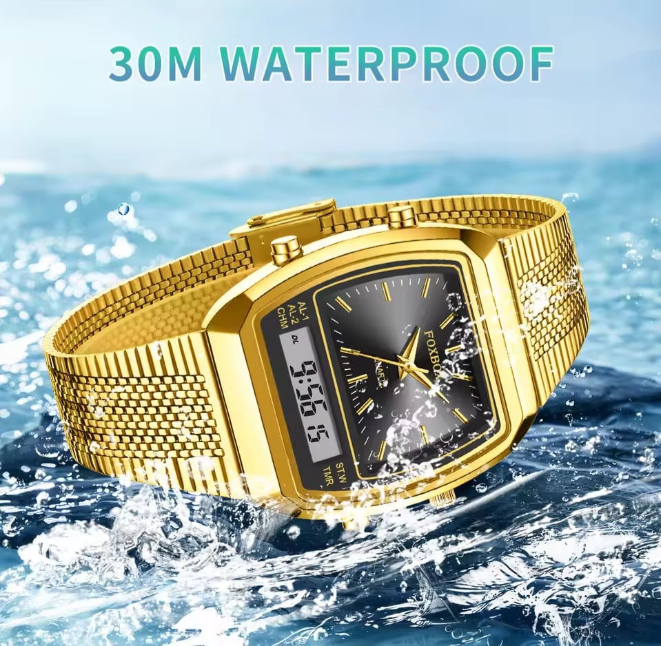 Picture of FOXBOX 0097 LED Dual Display Men Watches For Male Clock Golden Wrist Watches Quartz Fashion Brand Luxury Sports Digital Watches-Gold Black