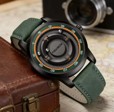 Picture of FOXBOX Watches for Men Stainless Casual Sports Fashion Leather Quartz Wristwatch Magnetic Beads Waterproof Male Clocks Man Watch-Green