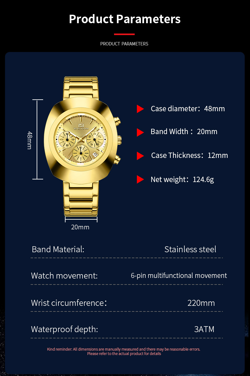 Picture of VA VA VOOM Luxury Brand Stainless Steel Strap Six Needle Waterproof Watch-Gold
