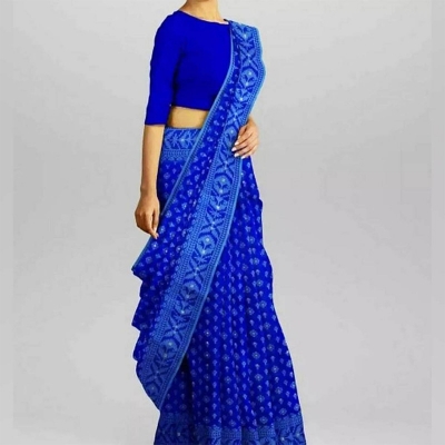 Picture of Multicolor pure tangail half silk jamdani saree for women-Blue