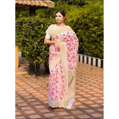 Picture of Screen Print Traditional Saree for Women -Japani Silk Saree-White