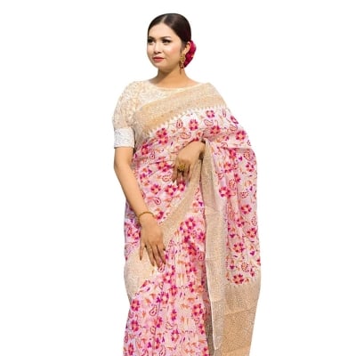 Picture of Screen Print Half Silk Saree For Woman-White