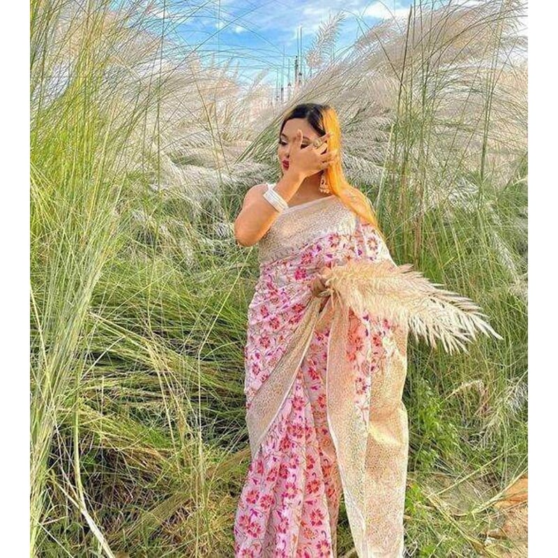 Picture of Screen Print Half Silk Saree For Woman-White