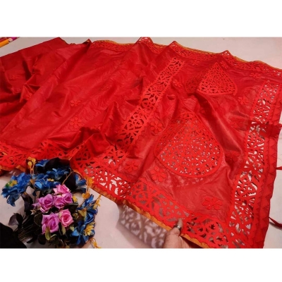 Picture of Fashionable Trendy Exclusive Half Silk Cutwork Saree for Women-Red