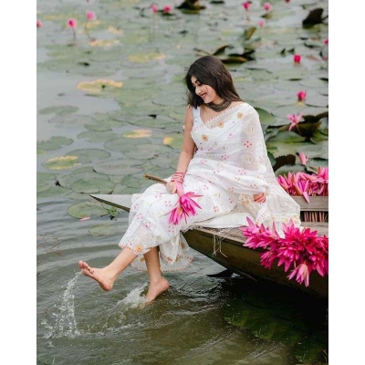 Picture of Afsan Print Exclusive Cotton Saree for Women-White