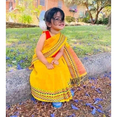 Picture of 8 hand Khesh Yellow Colour Saree For Small Baby - Sari