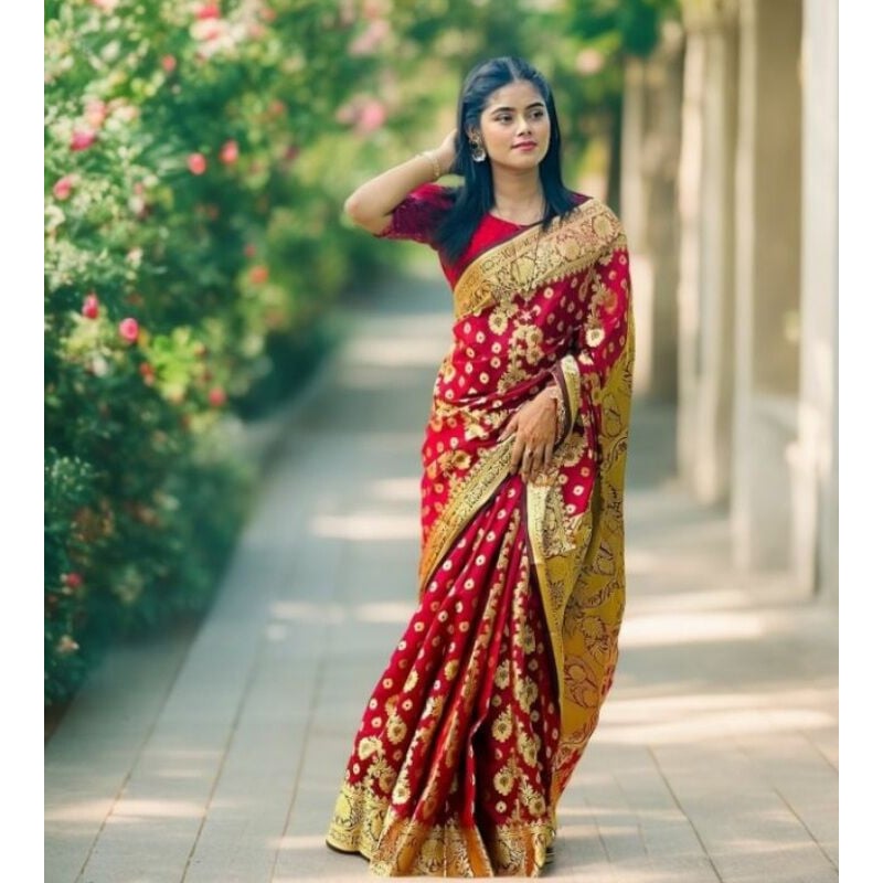 Picture of Fashionable Trendy Tangail Tat Soft Silk Katan Saree for Women-Red