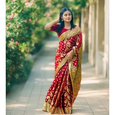 Picture of Fashionable Trendy Tangail Tat Soft Silk Katan Saree for Women-Red