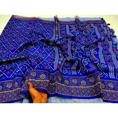 Picture of Chanderi Silk Digital Printed tassel Saree Soft and comfortable 12.5 Hand Saree For Women-Blue