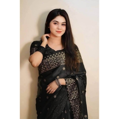 Picture of Elegant Style Original Japani Silk Bodhua Print Saree With Blouse Piece - Perfect & Suitable For Any Occasion-Black