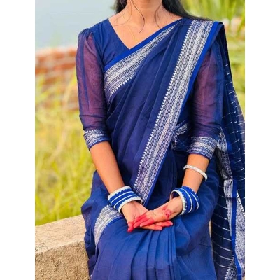 Picture of Most Popular Trendy Halfsilk Kantha Stitch Saree With Blouse Piece-Blue