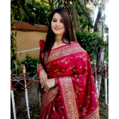 Picture of Elegant Style Original Japani Silk Bodhua Print Saree With Blouse Piece - Perfect & Suitable For Any Occasion-Maroon