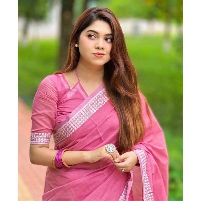 Picture of Most Popular Trendy Halfsilk Kantha Stitch Saree With Blouse Piece-Pink