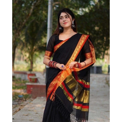 Picture of Most Popular Trendy Halfsilk Kantha Stitch Saree With Blouse Piece-Black