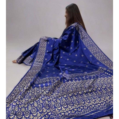 Picture of Elegant Style Original Japani Silk Bodhua Print Saree With Blouse Piece - Perfect & Suitable For Any Occasion-Blue