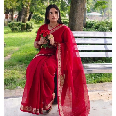 Picture of Most Popular Trendy Halfsilk Kantha Stitch Saree With Blouse Piece-Maroon